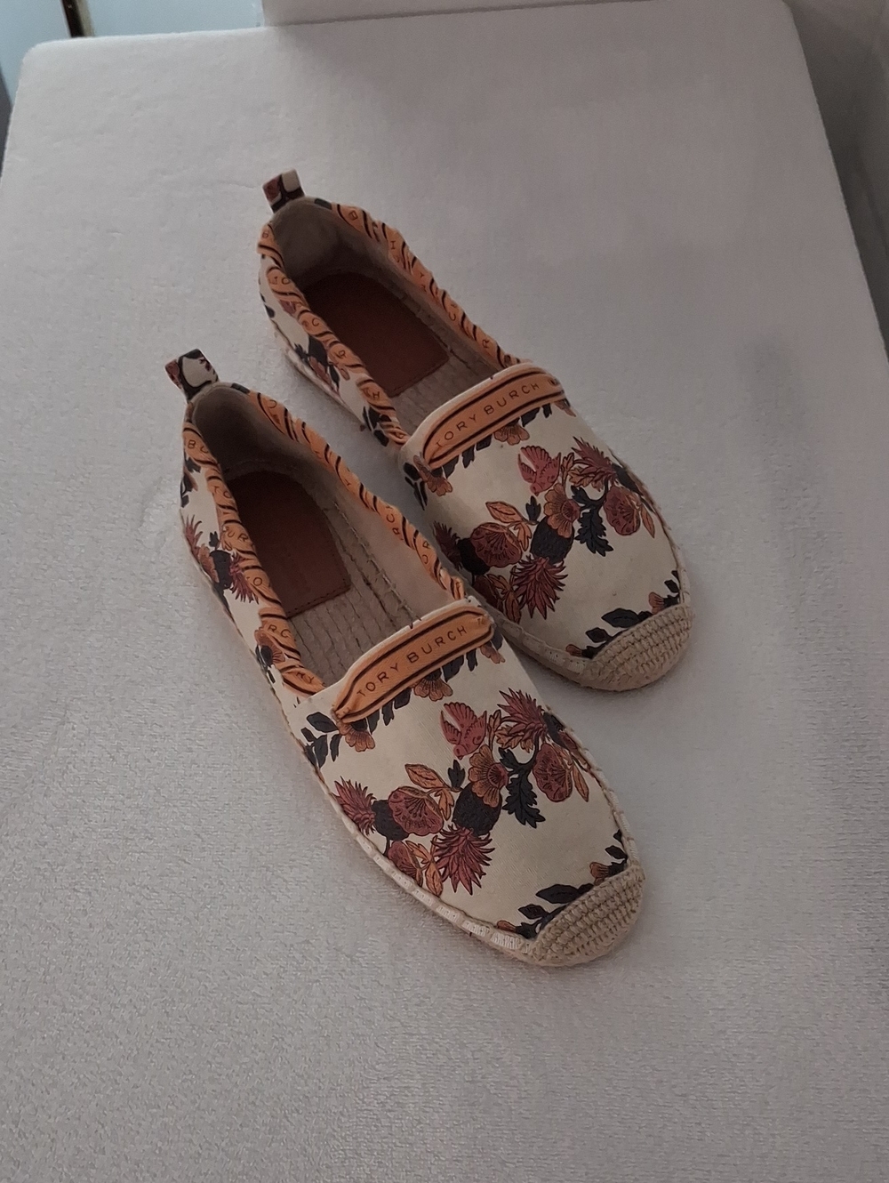 Tory Burch Floral Canvas Espadrilles in Cream, Rust and Brown